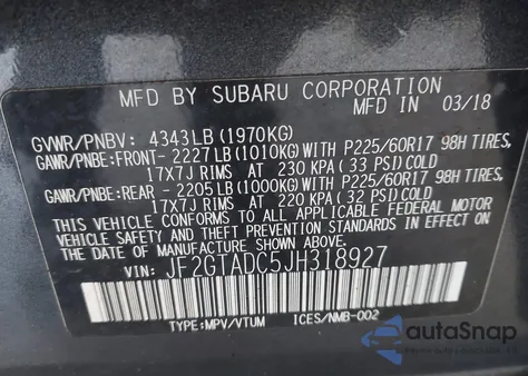 2018 Subaru Crosstrek 2.0I Premium z USA, uszkodzony, nr VIN JF2GTADC5JH318927